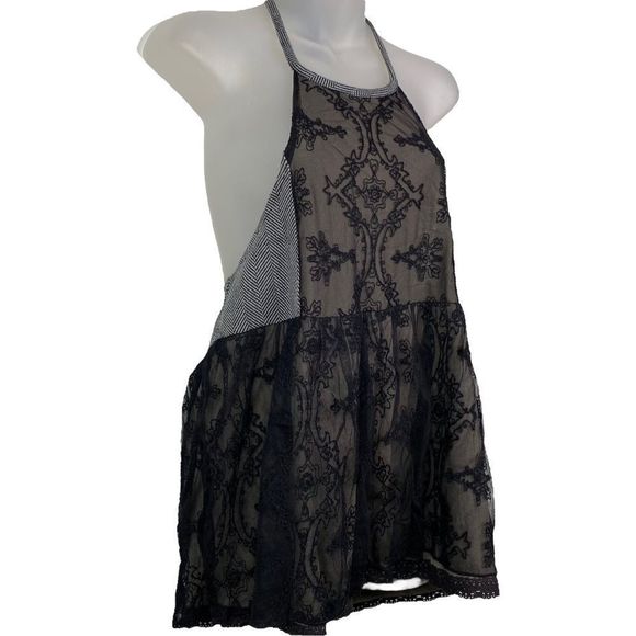Free People Tops - Medium FREE PEOPLE Black Lace & Herringbone Peplum Blouse / Long Overall Skirt